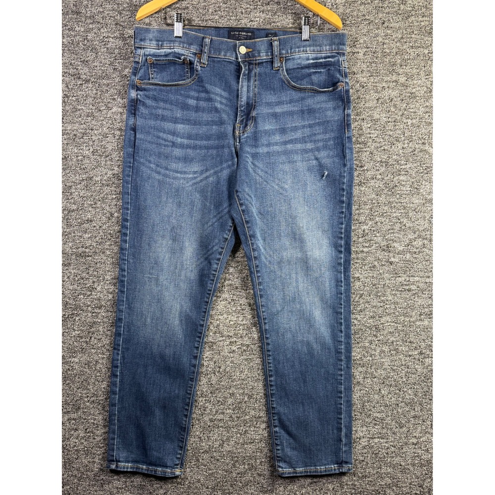 Lucky Brand 410 Athletic Slim Mens Jeans Medium Wash Blue Denim 34x27 Distressed